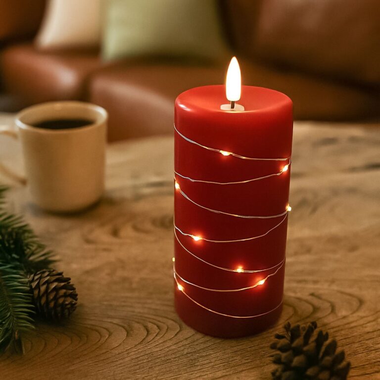 LED Bloklys med lyskæde, 15cm høj, flammeeffekt - Ø7,5cm, virker m. fjernbetj, ægte stearin, rød