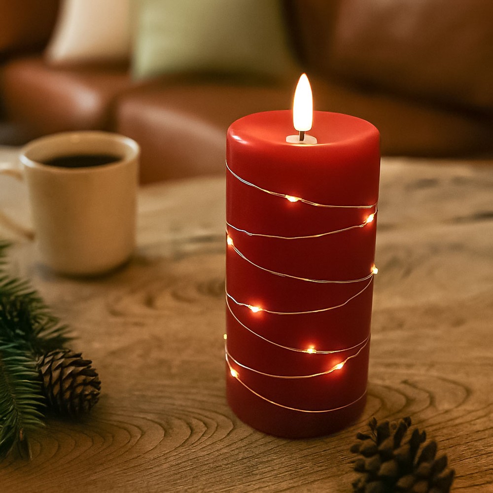 LED Bloklys med lyskæde, 15cm høj, flammeeffekt - Ø7,5cm, virker m. fjernbetj (ikke inkl.), ægte stearin, rød