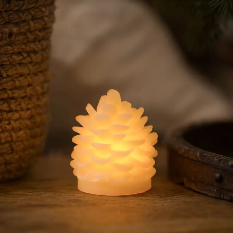 LED Grankogle lys, blinkende flammeeffekt, hvid - Højde 8cm, Ø6cm, ægte stearin