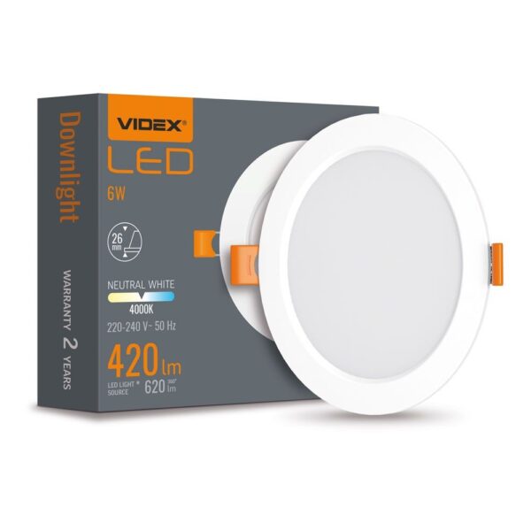 LED downlight 6W - rund, neutral hvid, 230V, 620lm