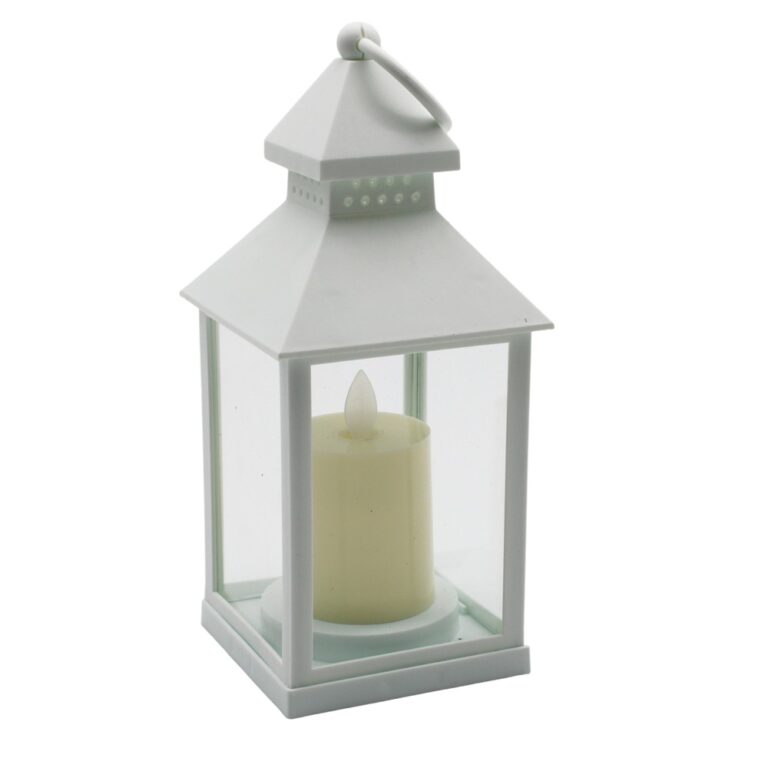 LED lanterne med flammeeffekt - Hvid, firkantet, batteri, IP54 indendørs/udendørs