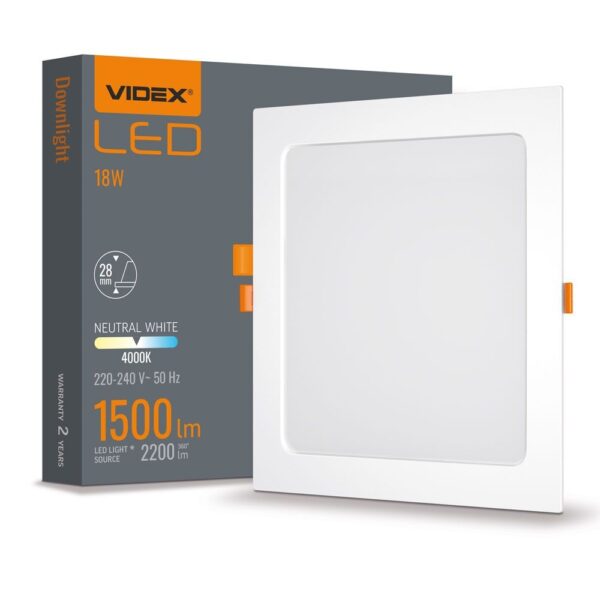 Led downlight 18W - Firkantet, neutral hvid, 230V, 2200lm, forbrug 18W