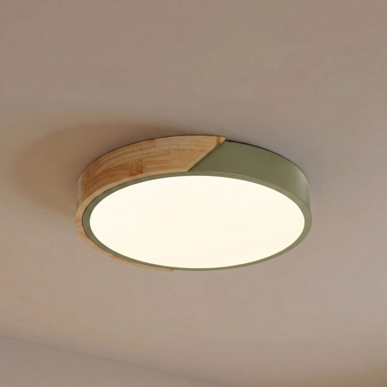 Lynorri LED-loftlampe, Ø 31 cm, grøn, trælook – PRIOS - Stue - Moderne - Plastik - Rund