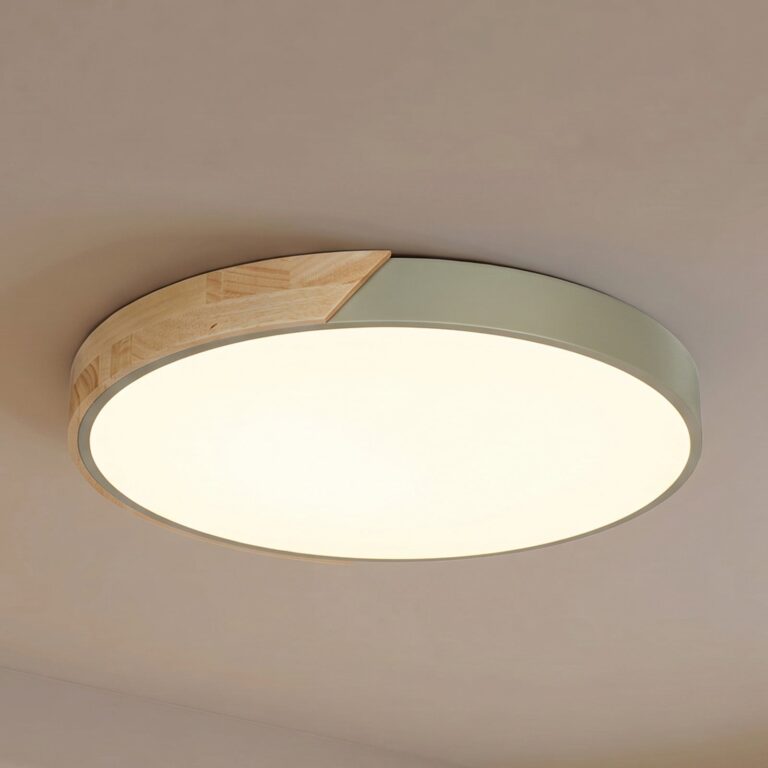 Lynorri LED-loftlampe, Ø 51 cm, grøn, trælook – PRIOS - Stue - Moderne - Plastik - Rund