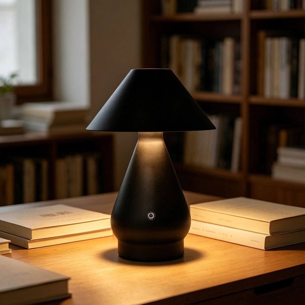Opladelig LED bordlampe - Sort, Ø16cm, 21,5cm høj, touch dæmpbar, 3i1, IP20 indendørs