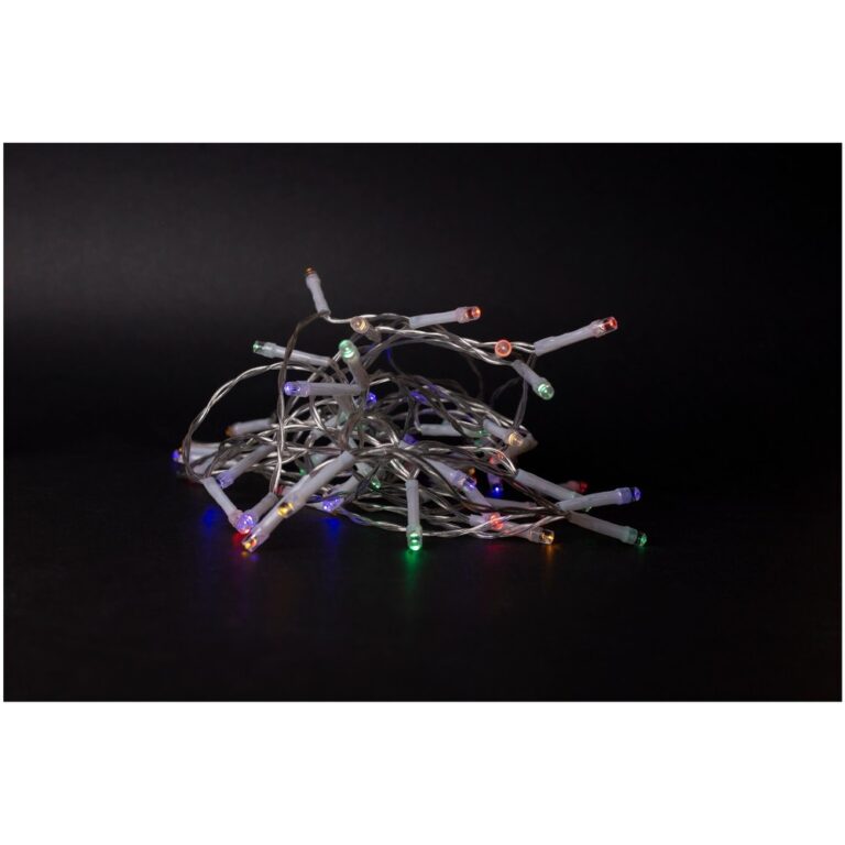 Outlet: 4 m. multicolor LED julelyskæde - 48 LED, IP44 udendørs, timer, batteri