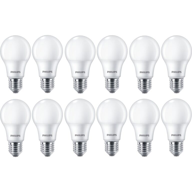 Philips E27 standardpære, 3000K, 8W, 12-pak