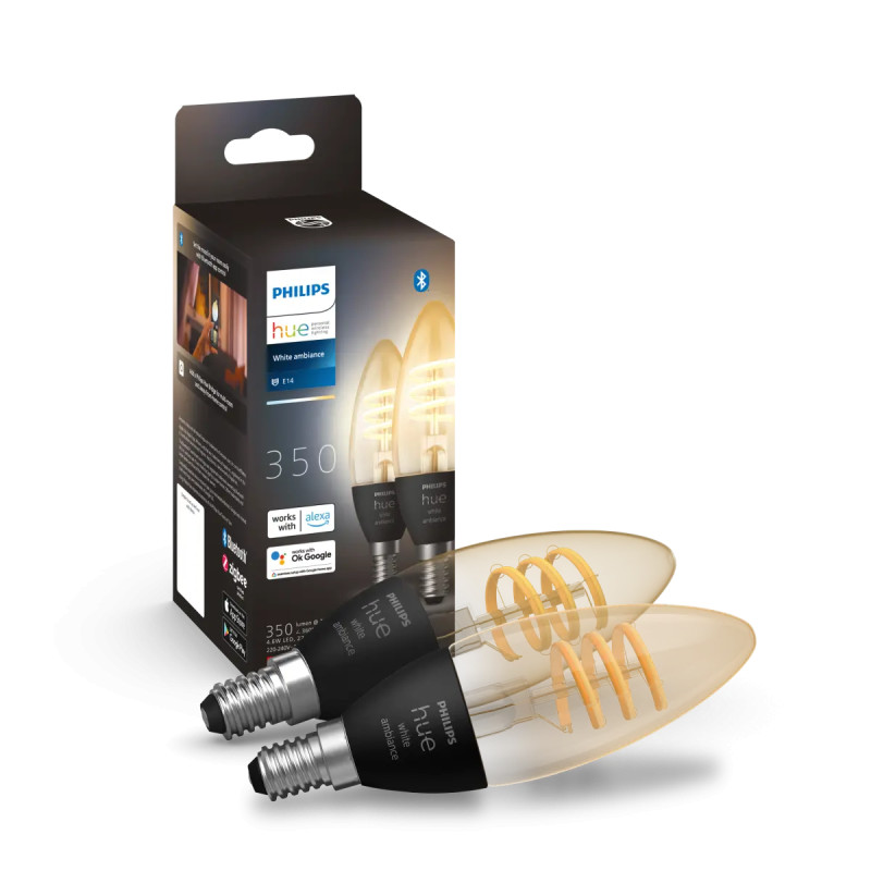 Philips Hue White Ambiance Filament Kertepære E14 4,6W Bluetooth 2-pak