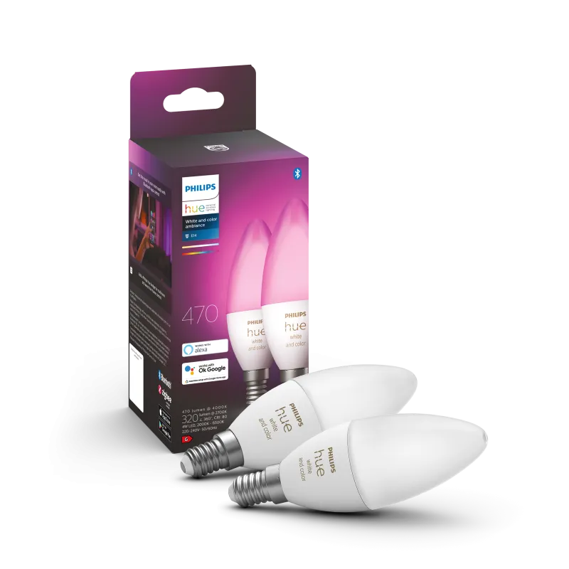 Philips Hue White and Color Ambiance B39 Kertepære E14 25W Bluetooth 2-pak
