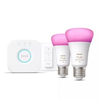 Philips Hue starterkit, 2 x E27-prer, 1100 lm, Color & White Ambiance, inkl. bridge + dimmer switch, Zigbee + Bluetooth