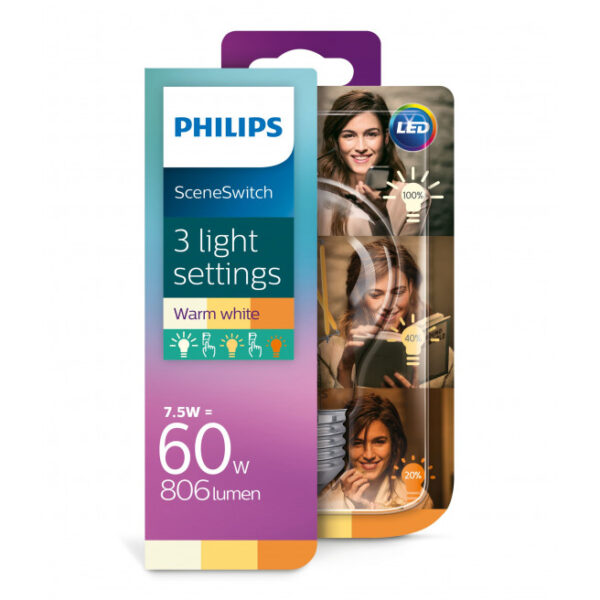 Philips LED 60W SceneSwitch standard filament varm hvid klar 3 skift E27 1 stk - 8718696743096