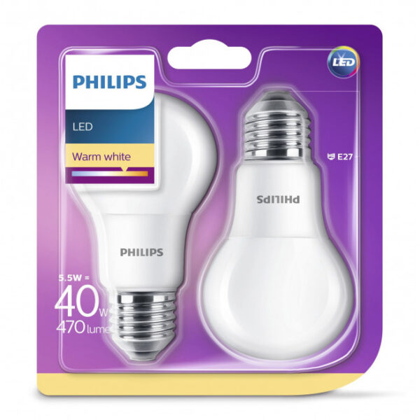 Philips LED Plast 40W standard varm hvid mat E27 ikke dæmpbar 2 stk - 8718696576854