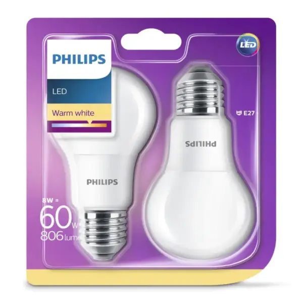 Philips LED Plast 60W standard varm hvid mat E27 ikke dæmpbar 2 stk - 8718696576830