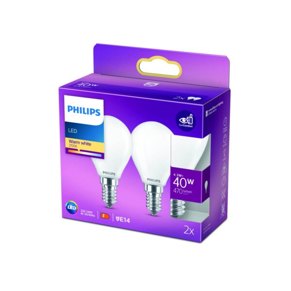 Philips LED-dråbepære E14 4,3 W 2.700 K opal 2 stk