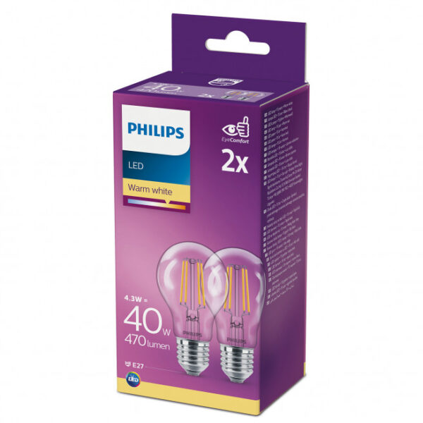 Philips LEDClassic Filament 40W E27 varm hvid klar ikke dæmpbar 2-stk - 8718699664640