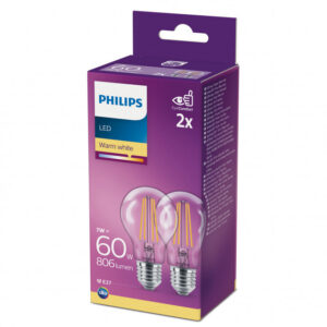 Philips LEDClassic Filament 60W E27 varm hvid klar ikke dæmpbar 2-stk - 8718699664664