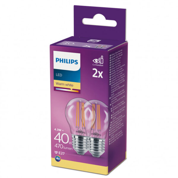 Philips LEDClassic Krone Filament 40W E27 varm hvid klar ikke dæmpbar 2-stk - 8718699664947