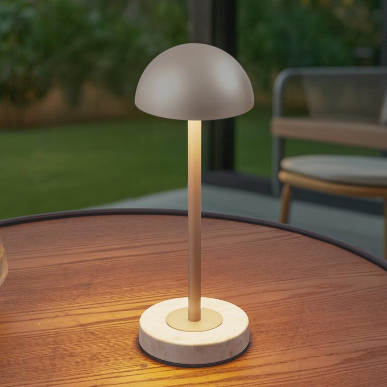 Pippin LED-batteridrevet bordlampe, IP44, guld/travertin - Lindby - Altan - Moderne - Metal - Med én lyskilde