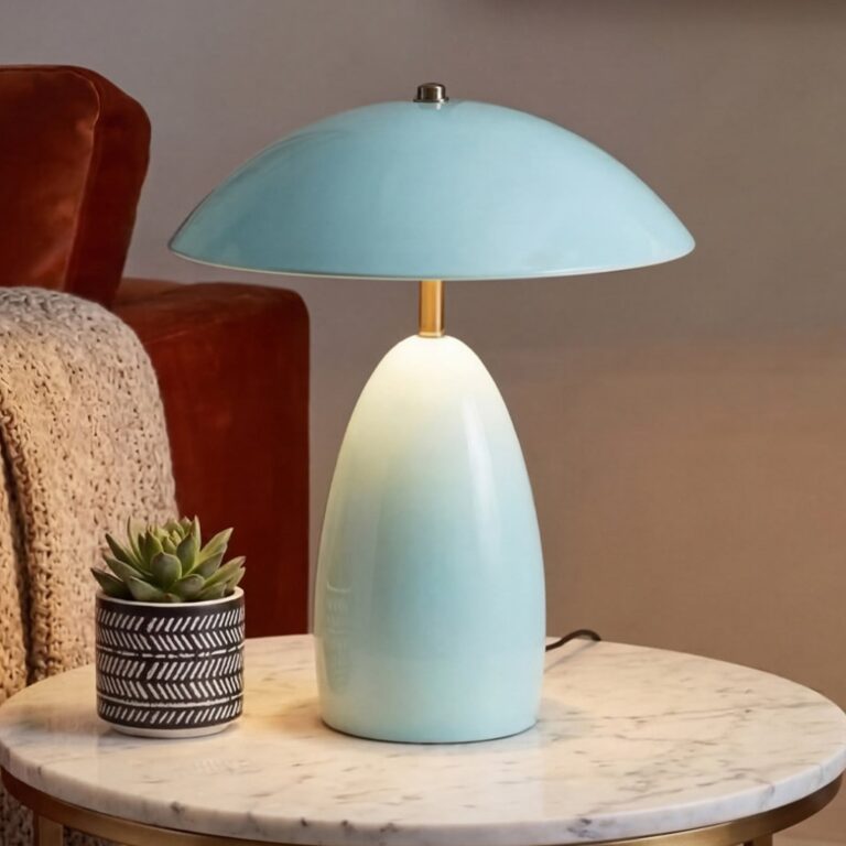 Poppy LED-bordlampe, lyseblå, 35 cm, metal, dæmpbar – Elstead - Stue - Vintage - Aluminium - Med én lyskilde