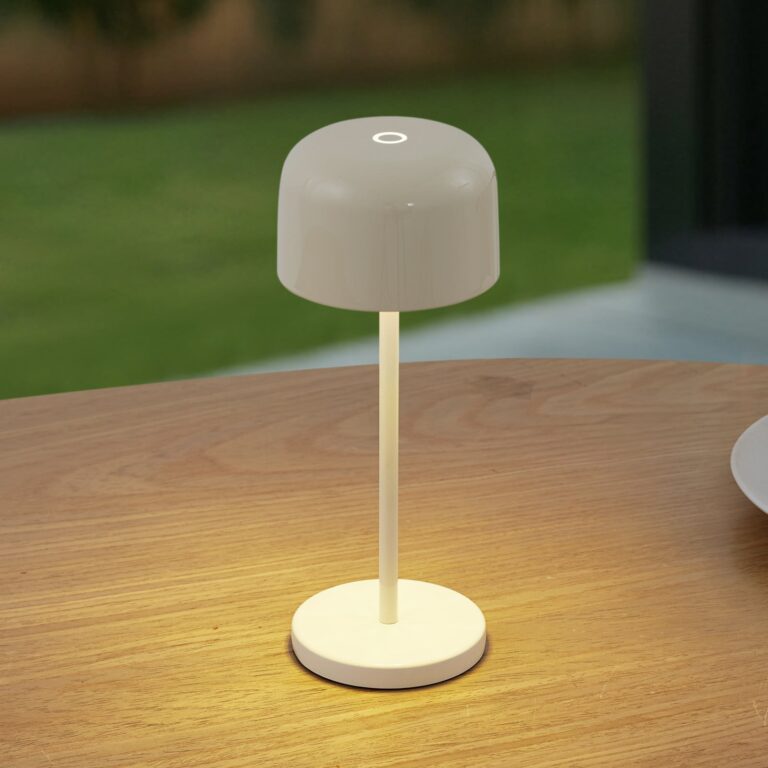 Quill LED-bordlampe med batteri, CCT, beige, dæmpbar – Lucande - Terrasse - Moderne - Aluminium - Med skærm