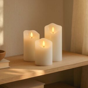 Sæt med 3 stk. LED Bloklys 10cm høj, flammeeffekt, hvid - Ø7,5cm, 10/12,5/15cm høj, virker m. fjernbetj, timer, ægte stearin