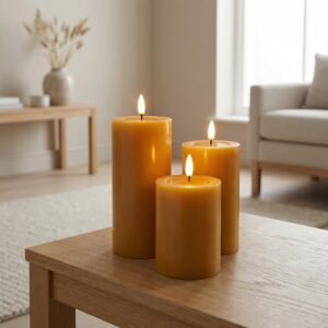 Sæt med 3 stk. LED Bloklys, brun - Ø7,5cm, 10/12,5/15cm høj, virker m. fjernbetj, timer, ægte stearin