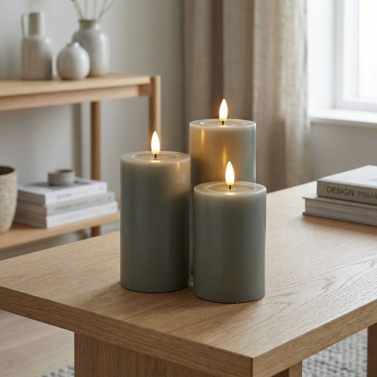 Sæt med 3 stk. LED Bloklys, grøn - Ø7,5cm, 10/12,5/15cm høj, virker m. fjernbetj, timer, ægte stearin