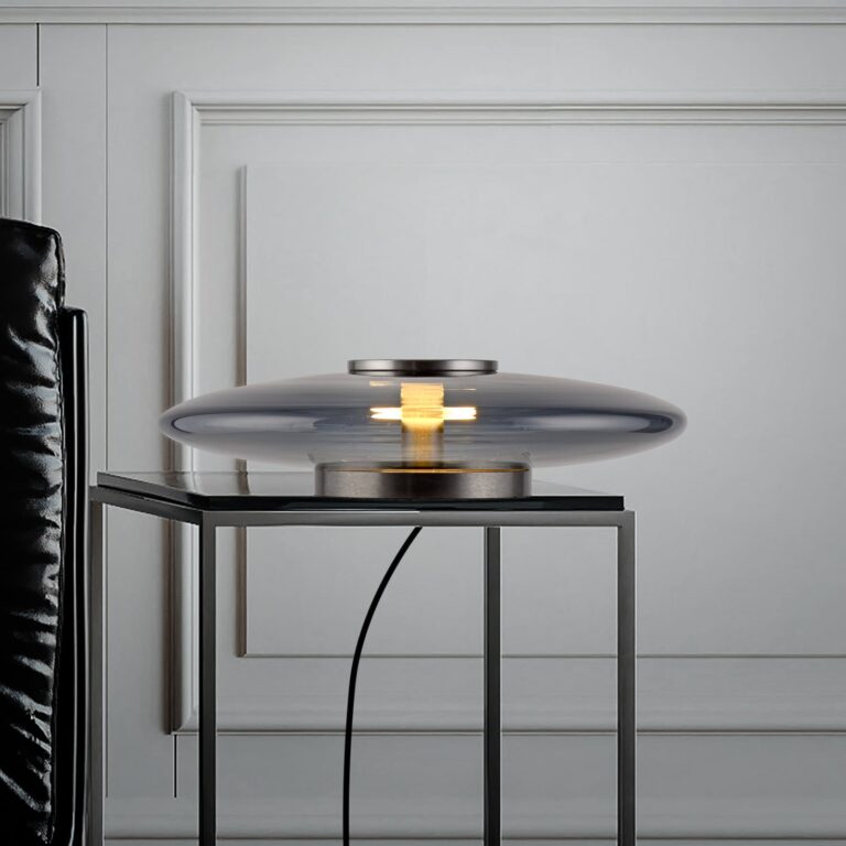 Vitrum LED-bordlampe, grå, glas/aluminium, berøringsdæmper – PURE - Stue - Moderne - Med skærm